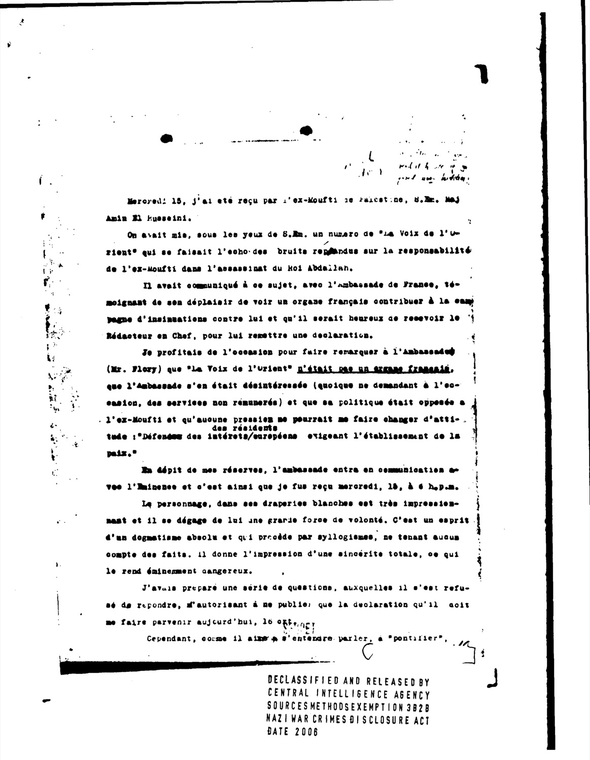 A French-language declassified CIA page recording an interview with Amin al-Husseini, with typed paragraphs, underlining, annotations, and a declassification stamp.