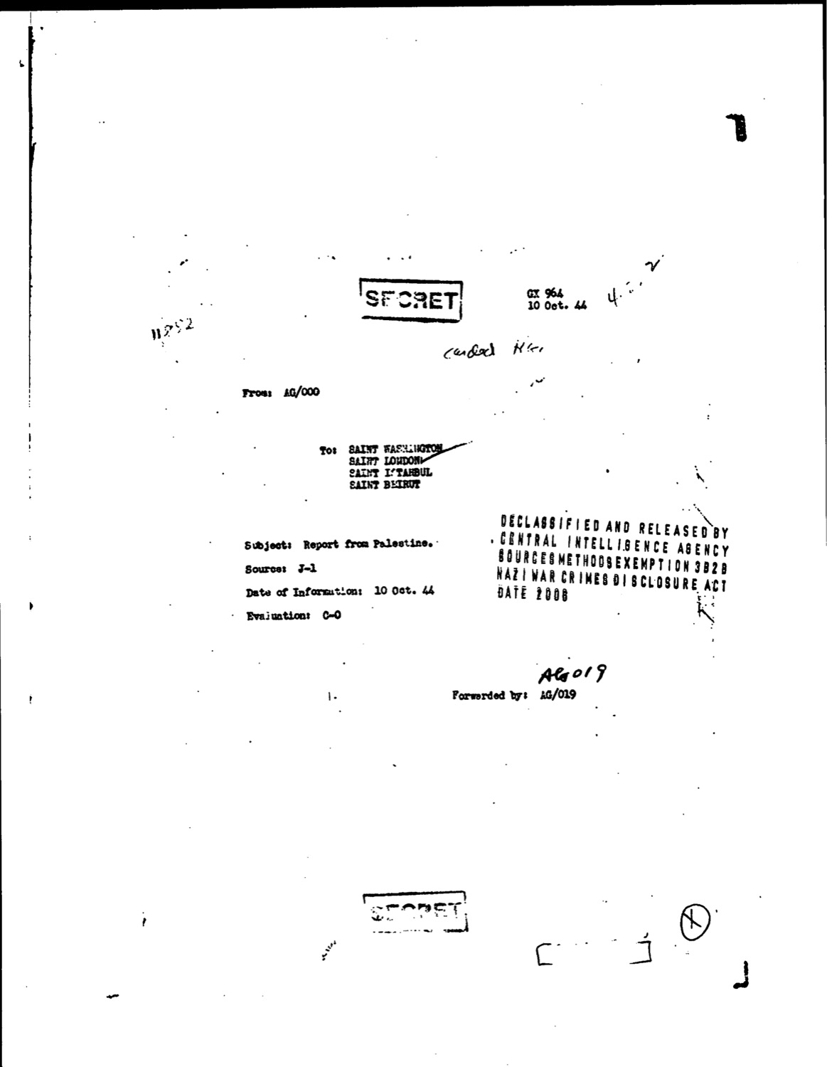 Cover page of a declassified 1944 intelligence report titled Report from Palestine.