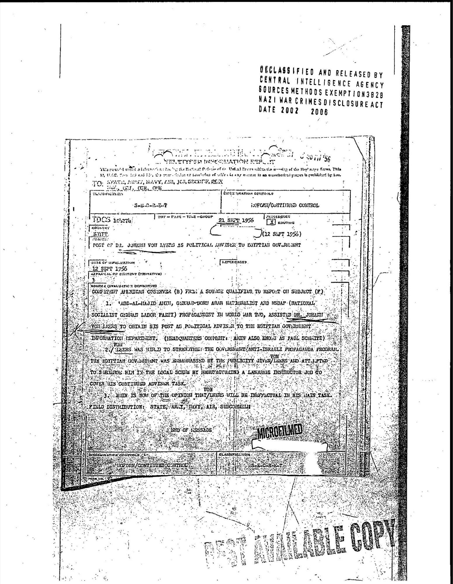 A declassified CIA information report concerning the post of Johann von Leers as political adviser, with routing boxes, stamps, markings, and typed text.
